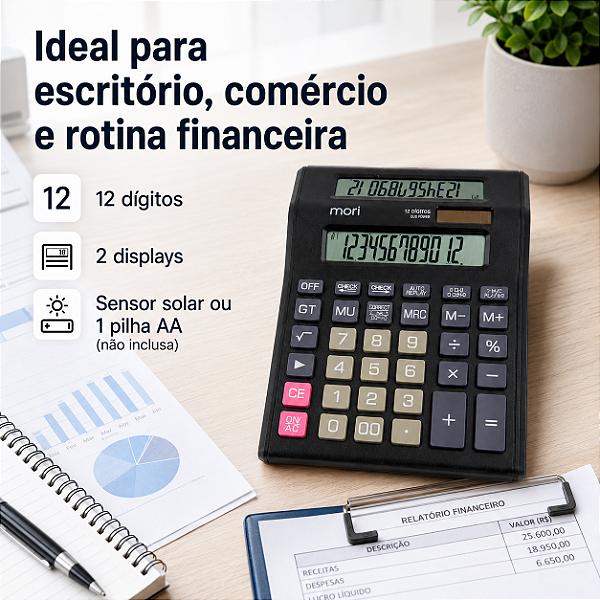 CALCULADORA DUO MORI PRETA COM 12 DIGITOS 2 DISPLAYS