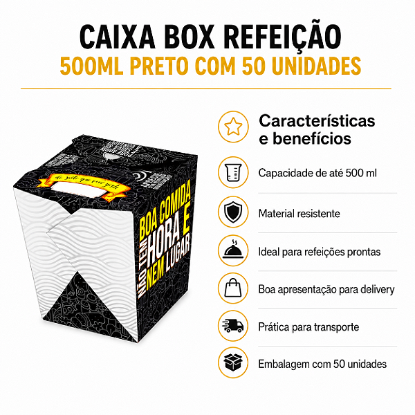 CAIXA REFEIÇAO 500ML PRETO COM 50 UNIDADES