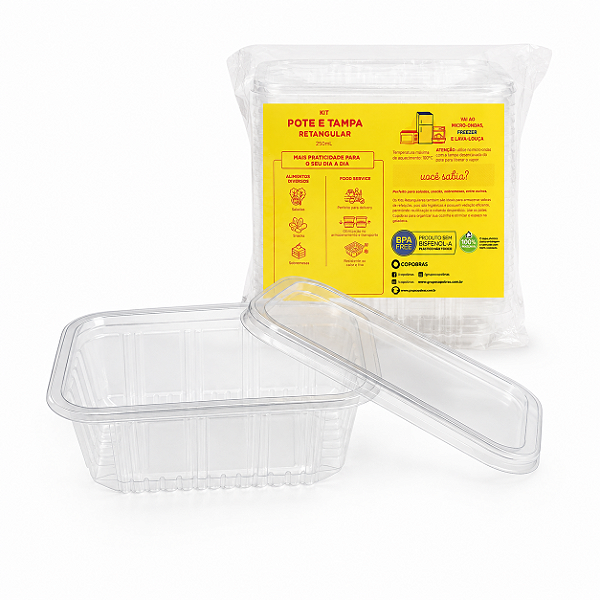 KIT POTE/TAMPA RETANGULAR PLAST TRANSPARENTE PP 250ML COM 20 UNIDADES