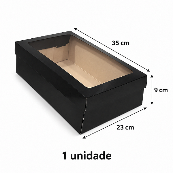 CAIXA RETANGULAR PRETA COM VISOR 35X23X9CM UNIDADE