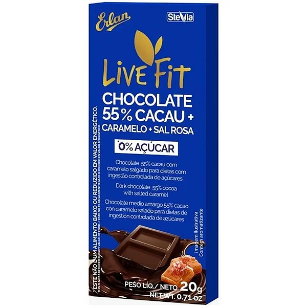 TABLETE CHOCOLATE 55% CACAU C/CARAMELO SALGADO ZERO AÇUCAR 20G UNIDADE