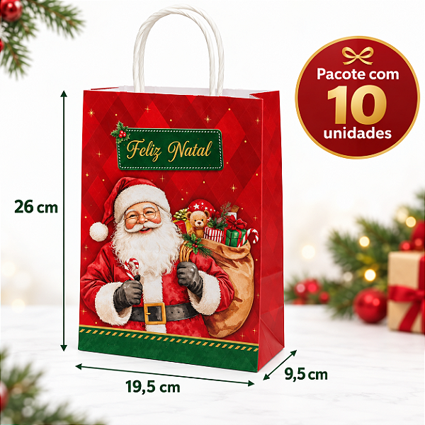 SACOLA DE PAPEL NATALINA M 26X19,5X9,5CM COM 10 UNIDADE