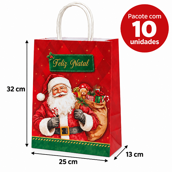 SACOLA DE PAPEL G NATALINA 32X25X13 COM 10 UNIDADE