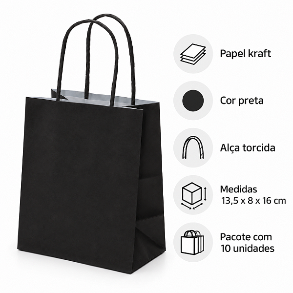 SACOLA PAPEL KRAFT PRETA 13,5X8X16CM C/10 UNIDADE