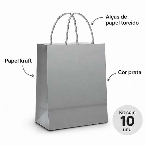 SACOLA PAPEL KRAFT PRATA 17,5X8,5X21,5CM C/10 UNIDADES