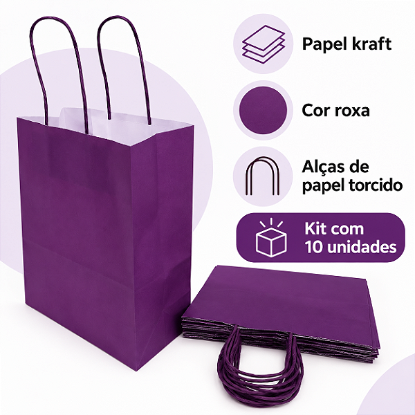 SACOLA PAPEL KRAFT ROXO 17,5X8,5X21,5CM C/10 UNIDADES