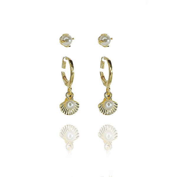 Duo Argolinha de Concha e Pérolas Banho de Ouro 18k