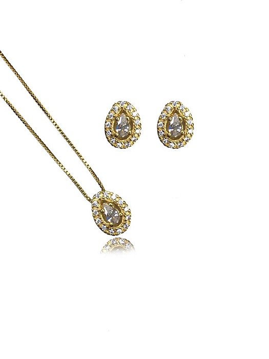 Conjunto de Gotas Corrente, Pingente e Brinco Banho de Ouro 18k