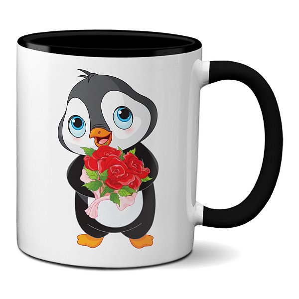 Caneca Pinguim Fofinho Romântico Presente Namorados Flores