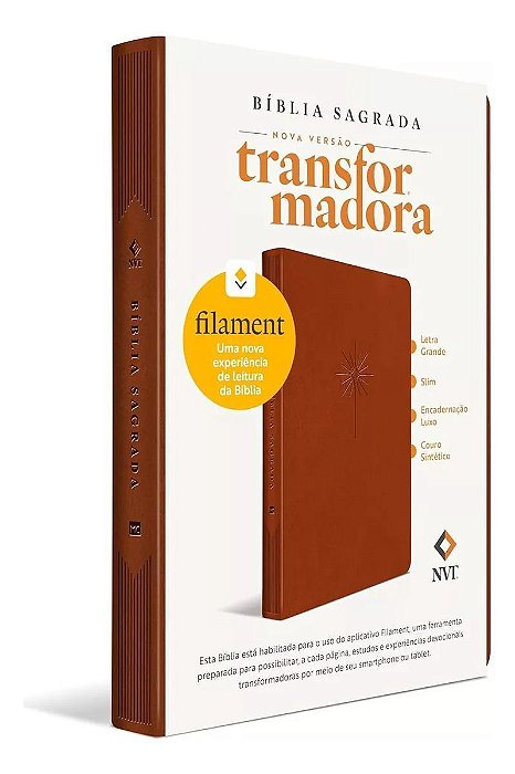 Bíblia NVT - Slim - Letra Grande - Marrom, Luxo Couro Sintético - Habilitada Para Filament