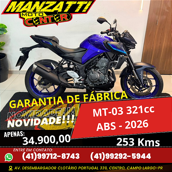 Moto Yamaha MT-03 ABS 321cc Azul 2026 - Garantia de Fábrica