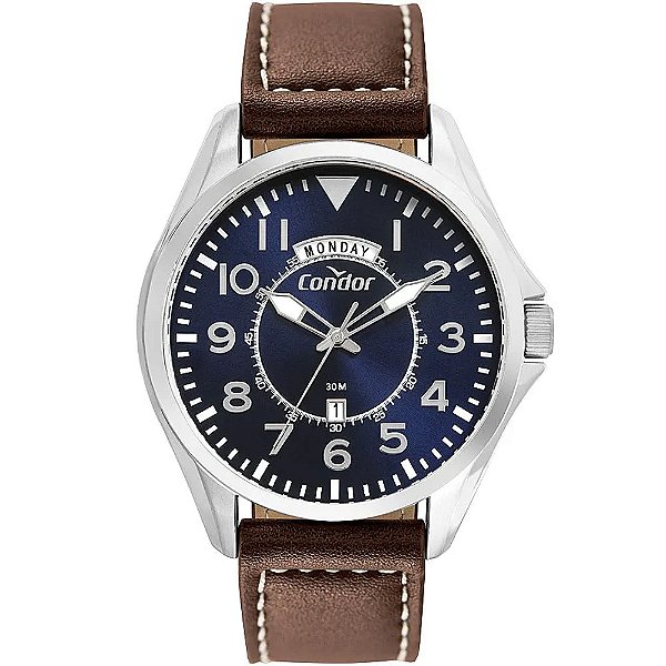 Relógio Masculino Prata Azul Couro Condor