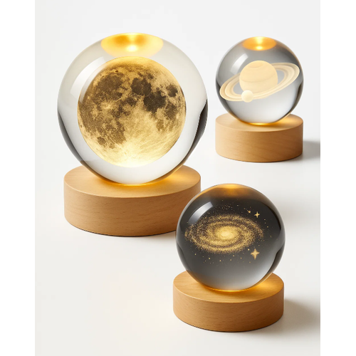 Luminária de Mesa Sistema Solar 3D em Cristal com Base de Ma
