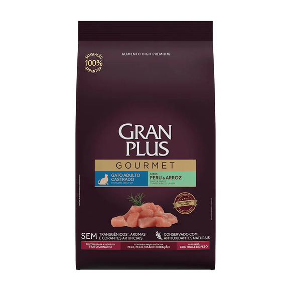 Ração GranPlus Gourmet Gatos Adultos Castrados Peru e Arroz 3kg