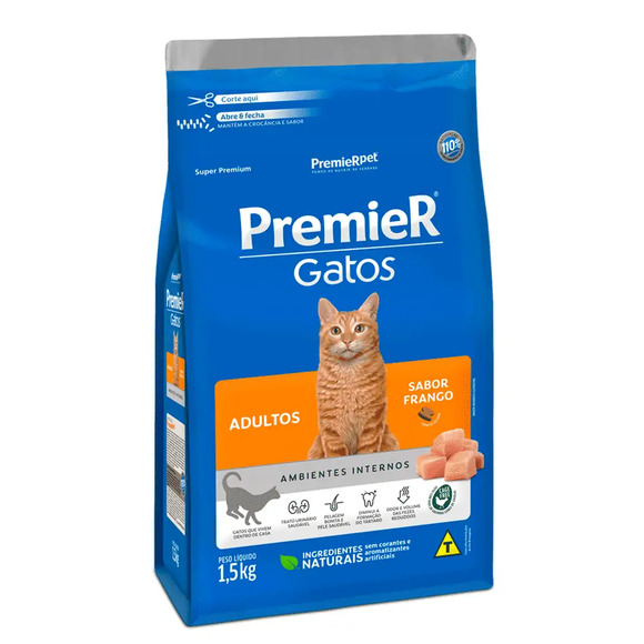 Ração Premier Ambientes Internos Gatos Adultos Frango 1,5 kg