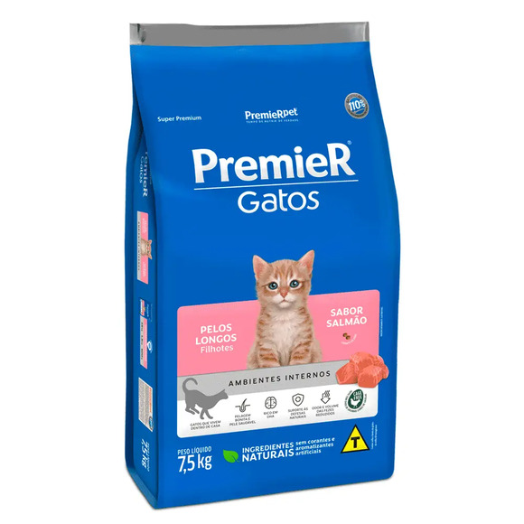 Ração Premier Ambientes Internos Gatos Filhotes Pelos Longos 7,5 kg