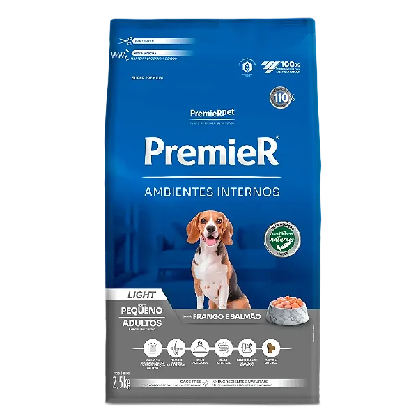 Ração Premier Ambientes Internos Light Cães Adultos Frango e Salmão 2,5 kg