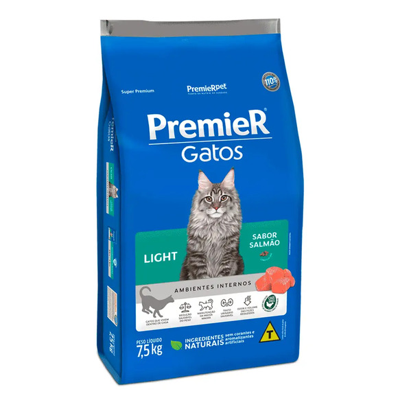 Ração Premier Ambientes Internos Light Gatos Adultos Salmão 7,5 kg