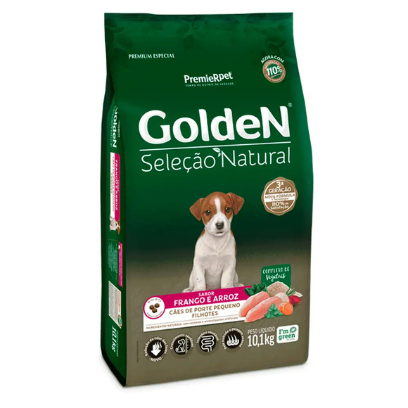 Ração Golden Seleção Natural Cães Filhotes Porte Pequeno Frango e Arroz Mini Bits 10,1 kg