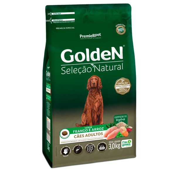 Ração Golden Seleção Natural Cães Adultos Frango e Arroz 3 kg