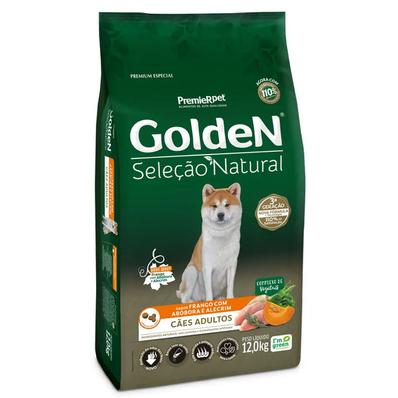 Ração Golden Seleção Natural Cães Adultos Frango, Abóbora e Alecrim 12 kg