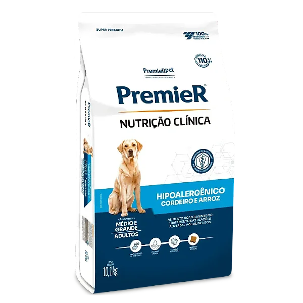 Ração Premier Nutrição Clínica Hipoalergênico Cães Médio e Grande Porte Cordeiro e Arroz 10,1 kg