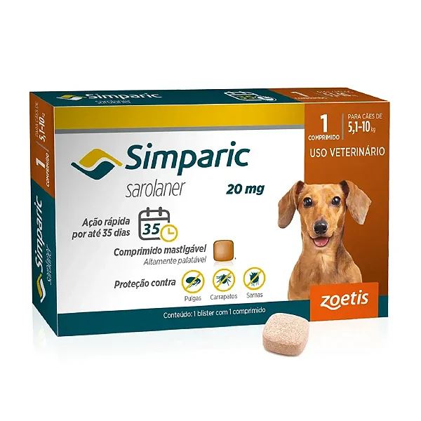 Antipulgas Simparic 20mg para Cães 5 a 10kg 1 comprimido