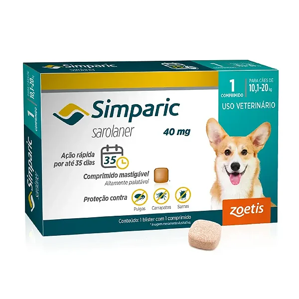 Antipulgas Simparic 40mg para Cães 10 a 20kg 1 comprimido