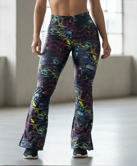 Calça Legging Feminina Flare Bailarina Estampada Rabiscos de Neon