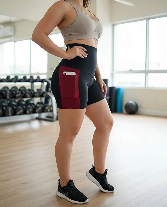 Short Feminino com Bolso Cintura Alta Modeladora Preto e VINHO