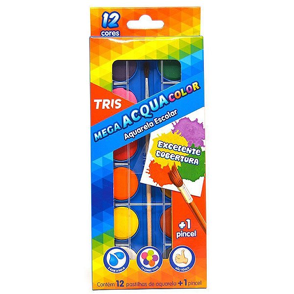 Aquarela Escolar Mega Acqua Color TRIS 12 Cores a Base de Água + 1 Pincel