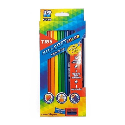 Kit Lápis de Cor Mega Soft Color TRIS 12 Cores + 1 Lápis HB com Borracha + 1 Apontador