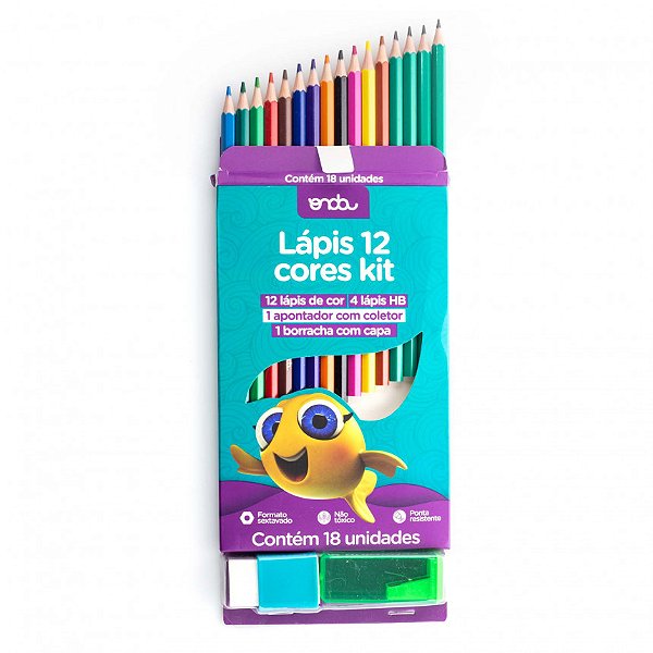 Kit Escolar Lápis de Cor 12 Cores + 4 Lápis HB + Apontador + Borracha -  Cute Cat Papelaria