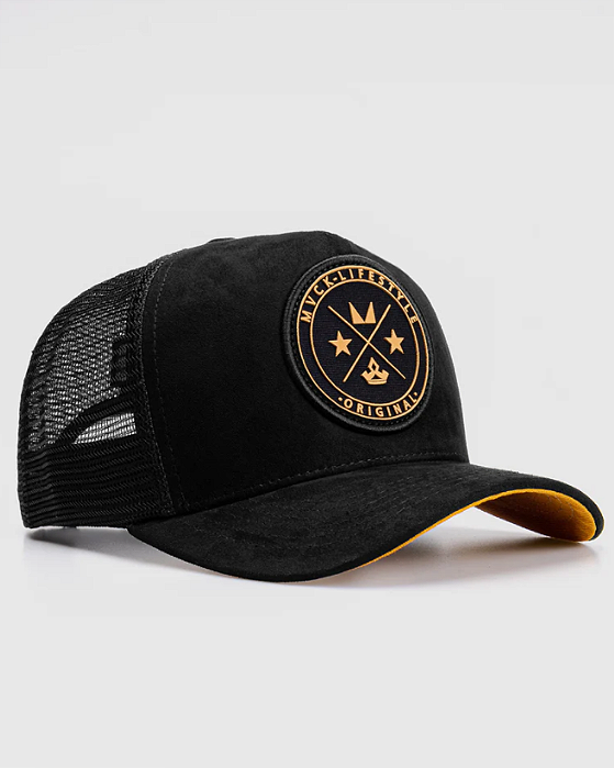 Boné Trucker Brasão Camurça Preto e Amarelo MVCK