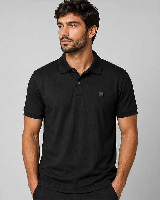 Gola Polo Casual Slim Preta Listra Ogochi