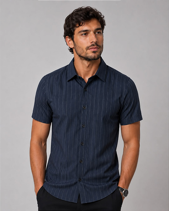 Camisa MC Slim Fit Azul Marinho Hangar 33