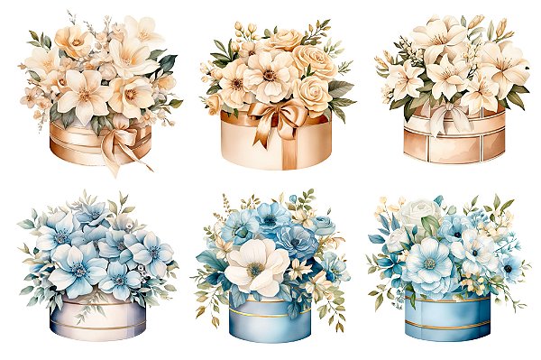 111321 - Estampa Fácil  CAIXAS COM FLORES CREME AZUL