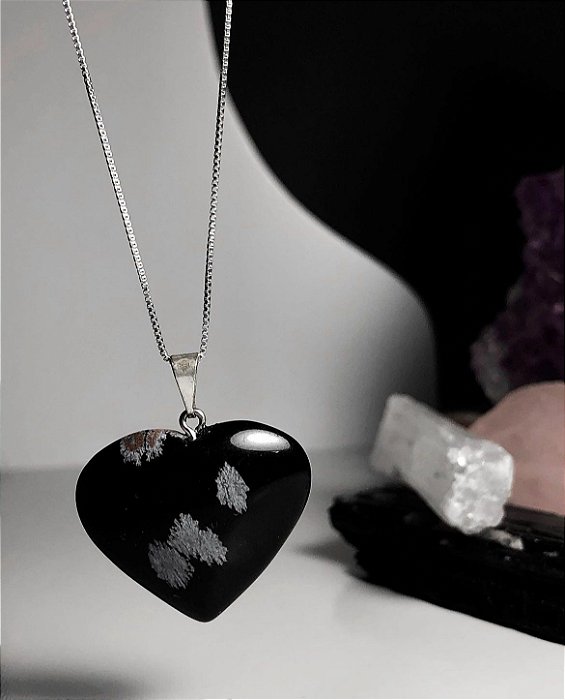Colar Coração Obsidiana Flocada