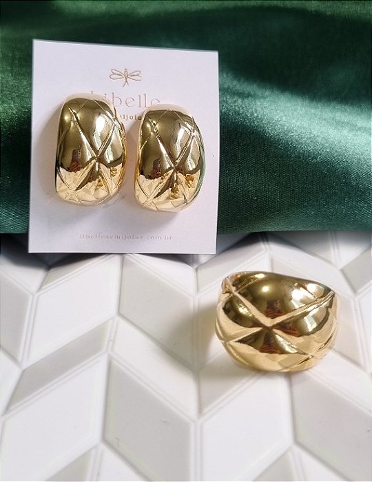 Conjunto Brinco Ear Cuff + Anel Abaulado Texturizado