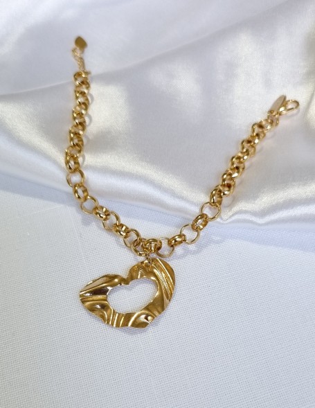 Pulseira Elo Português + Pingente Coração Orgânico