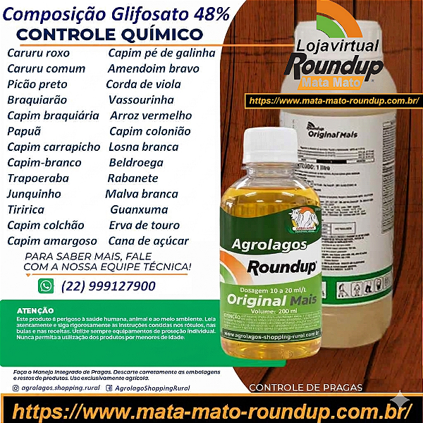 Glifosato Roundup Fracionado 200 ml - Composição Glifosato 48% Veneno Mata Mato Herbicida