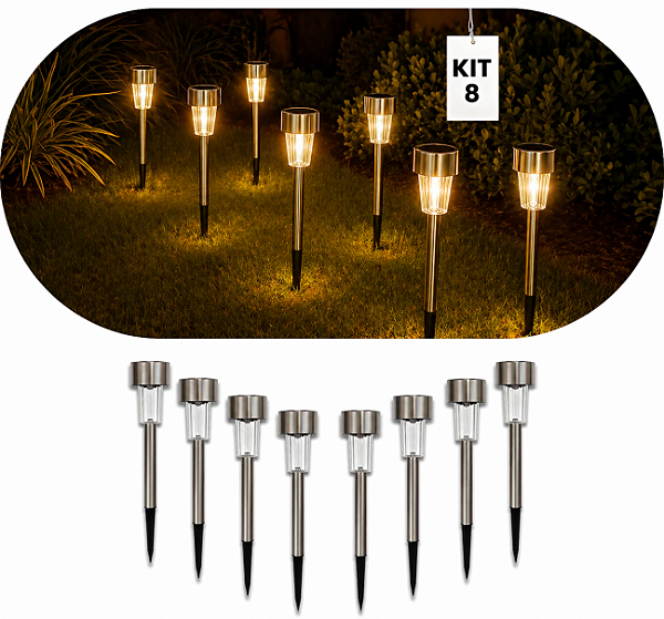 Kit 8 Luminária Solar Para Jardim 3000k Decoração Luz Quente