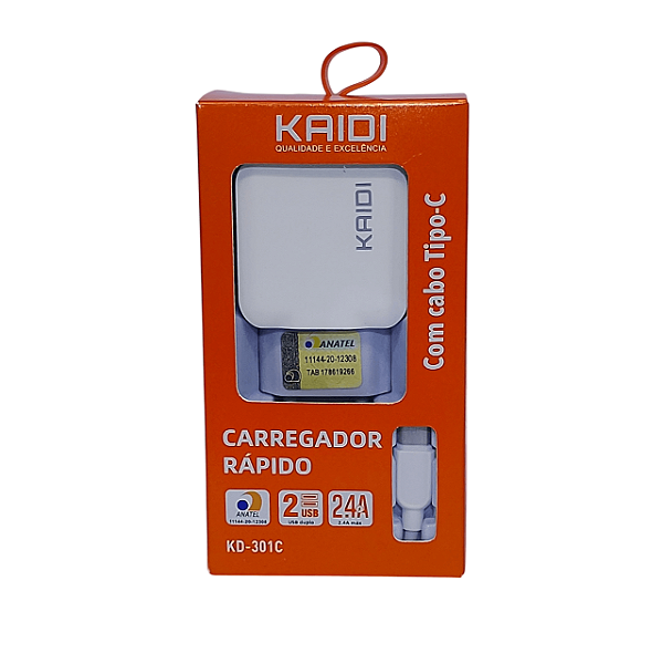 Carregador Tipo C Kaidi 2.4A Duplo USB