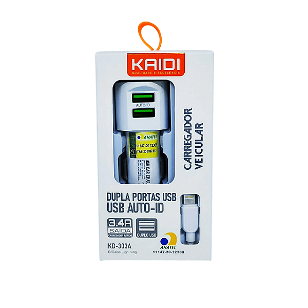 Carregador Automotivo para iPhone + Cabo USB Para lighting 2 Portas USB Kaidi 3.4A