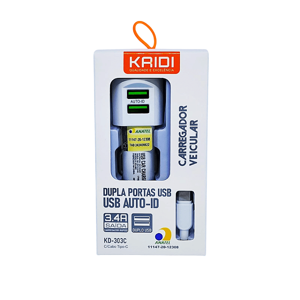 Carregador Celular Veicular 2 Portas USB + Cabo USB Tipo-C Kaidi 3.4A