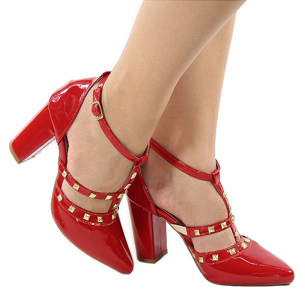Scarpin Dravanna Salto Alto Bloco Spike Vermelho