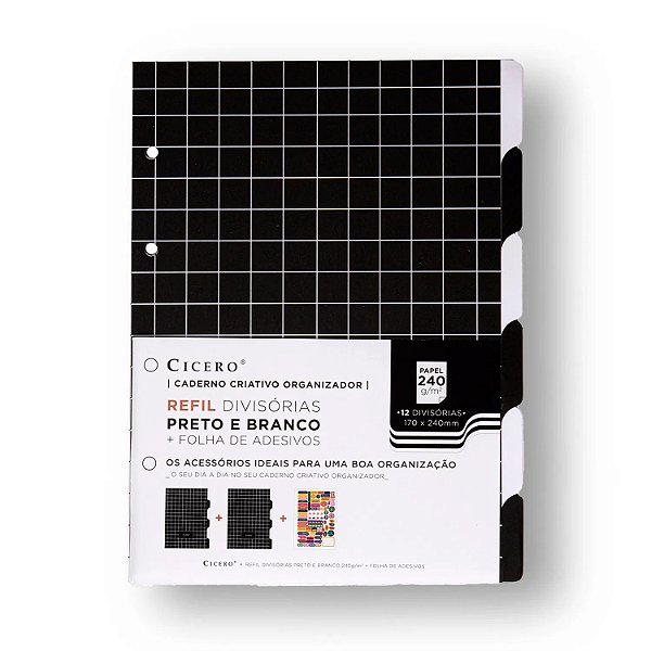 Refil Divisórias c/ Folha de Adesivos Caderno Criativo Argolado 17x24 P&B