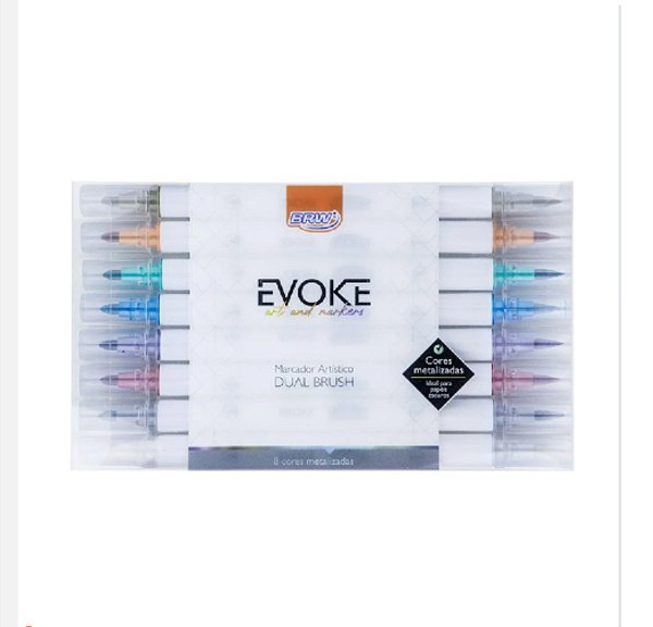 MARCADOR ARTÍSTICO EVOKE DUAL BRUSH PEN METALIZADA - BLISTER C/ 8CORES