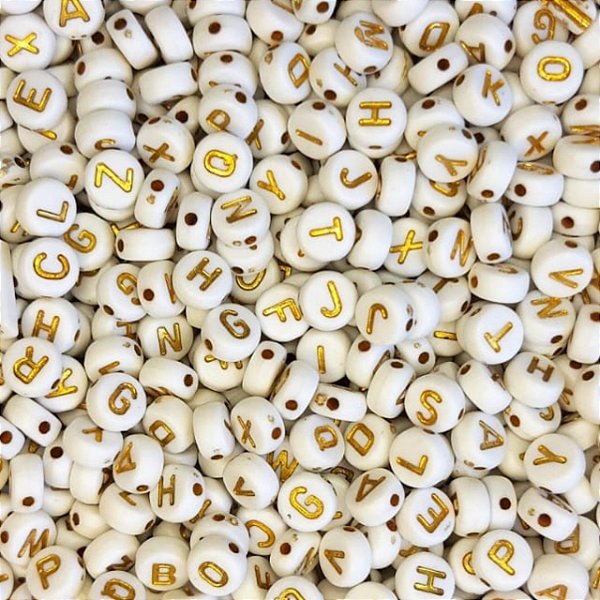 Miçanga De Letras Do Alfabeto 40g Aprox 300 Pçs Branca E Dourada