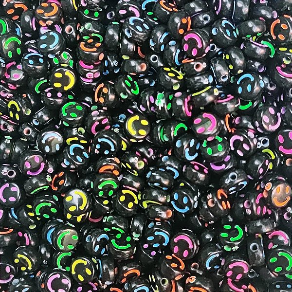 Aprox 100 Miçanga De Carinha Smile Preto E Colorido Neon